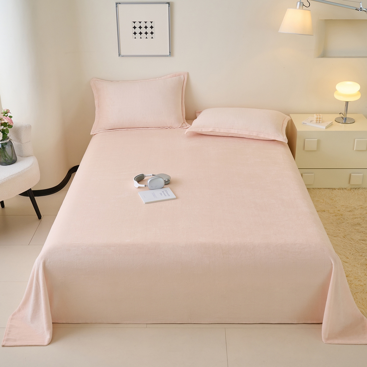 91家纺网 家纺一手货源 找家纺 简爱家纺 2025新款高克重牛奶绒床单系列 奶油色