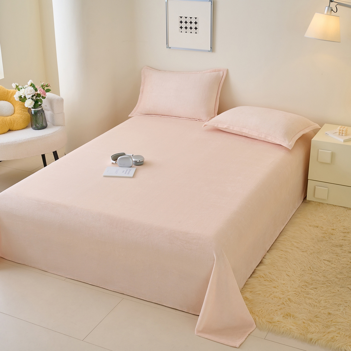 91家纺网 家纺一手货源 找家纺 简爱家纺 2025新款高克重牛奶绒床单系列 奶油色