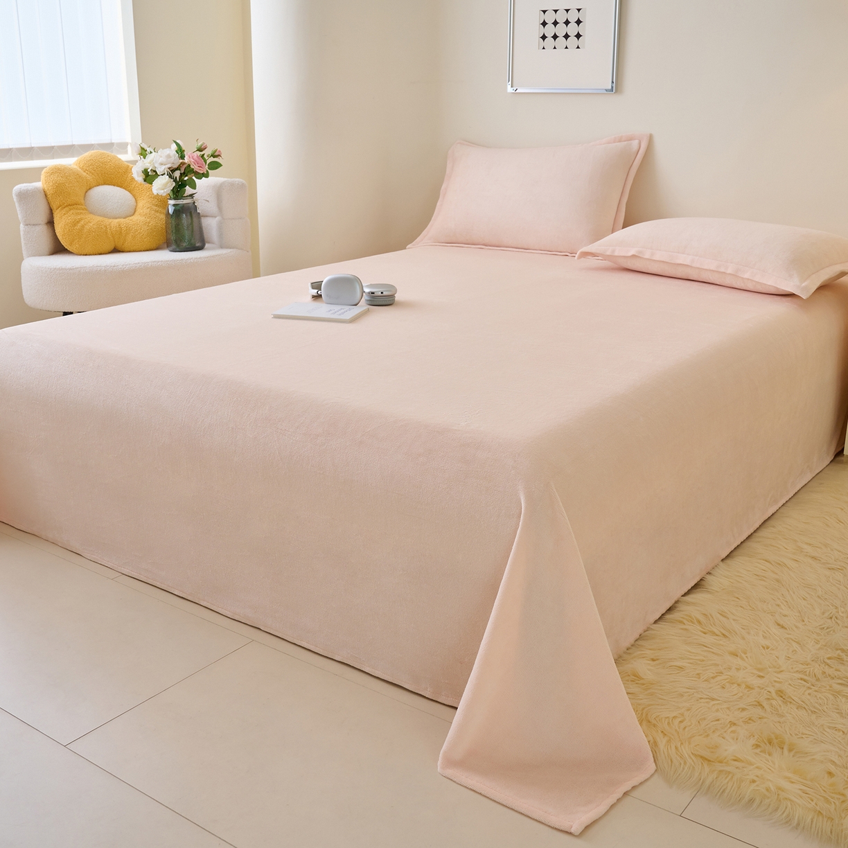 91家纺网 家纺一手货源 找家纺 简爱家纺 2025新款高克重牛奶绒床单系列 奶油色