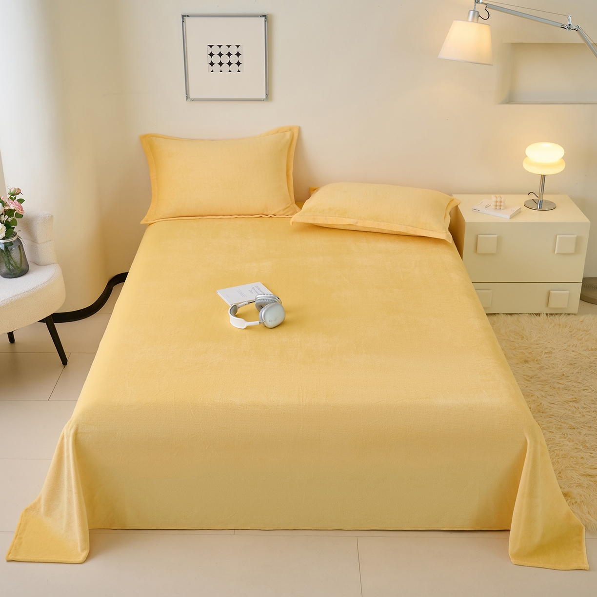 91家纺网 家纺一手货源 找家纺 简爱家纺 2025新款高克重牛奶绒床单系列 柠檬黄