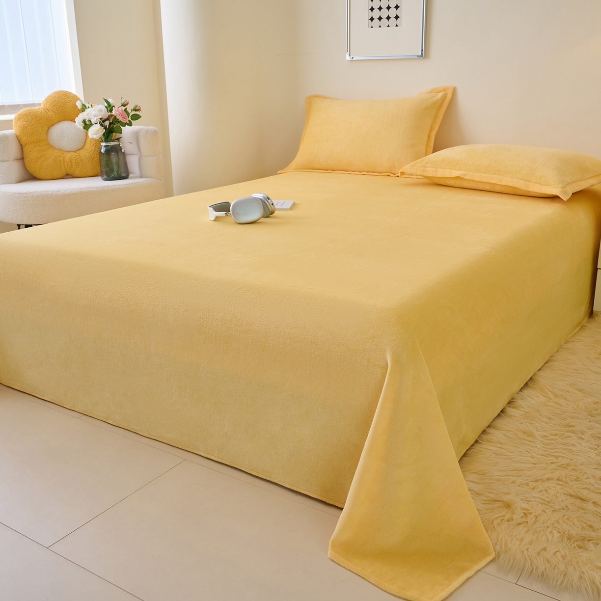 91家纺网 家纺一手货源 找家纺 简爱家纺 2025新款高克重牛奶绒床单系列 柠檬黄