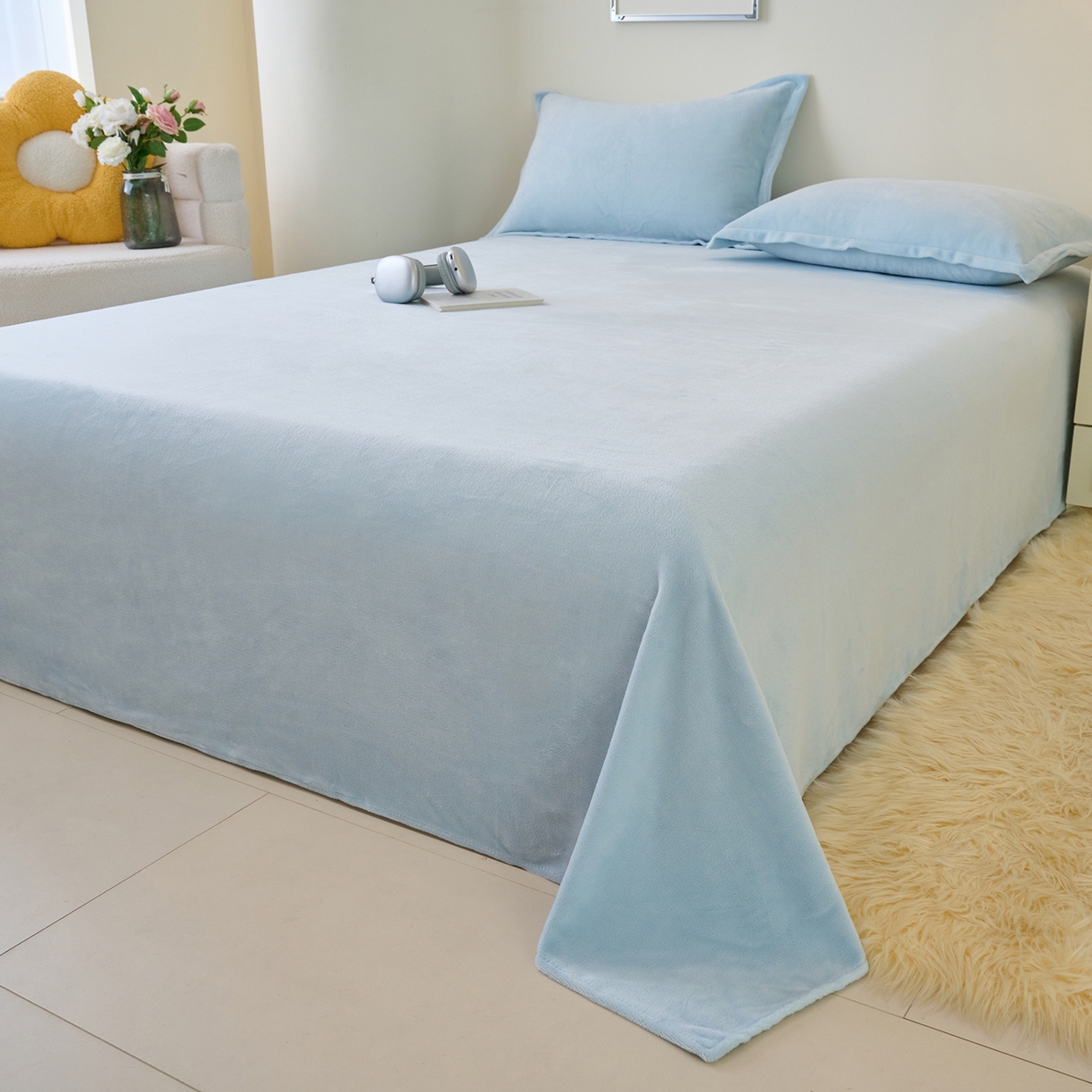 91家纺网 家纺一手货源 找家纺 简爱家纺 2025新款高克重牛奶绒床单系列 天蓝