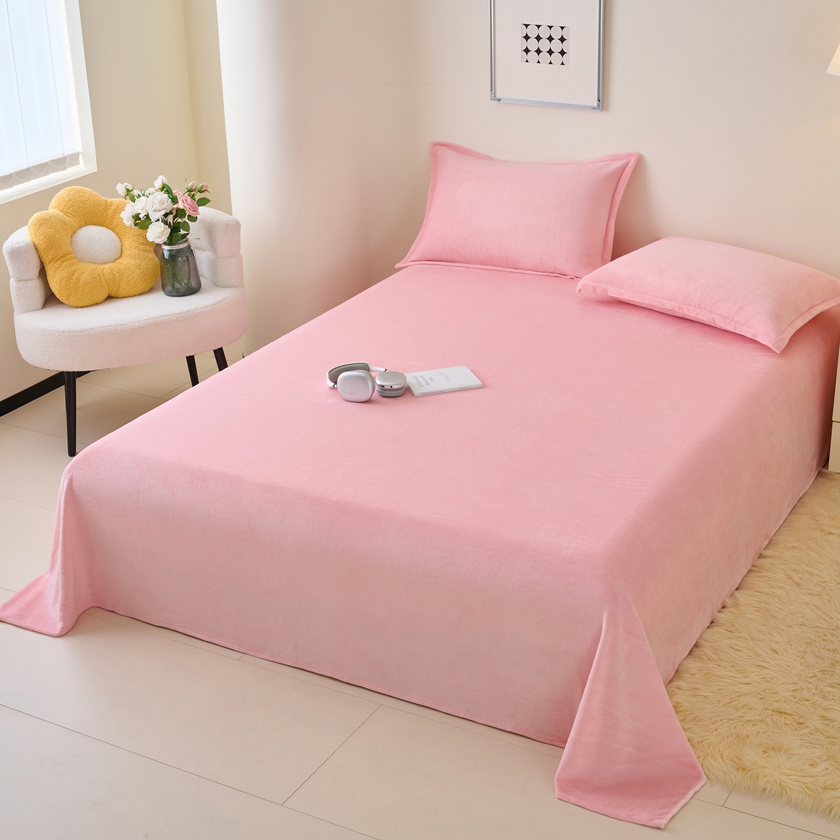 91家纺网 家纺一手货源 找家纺 简爱家纺 2025新款高克重牛奶绒床单系列 樱花粉