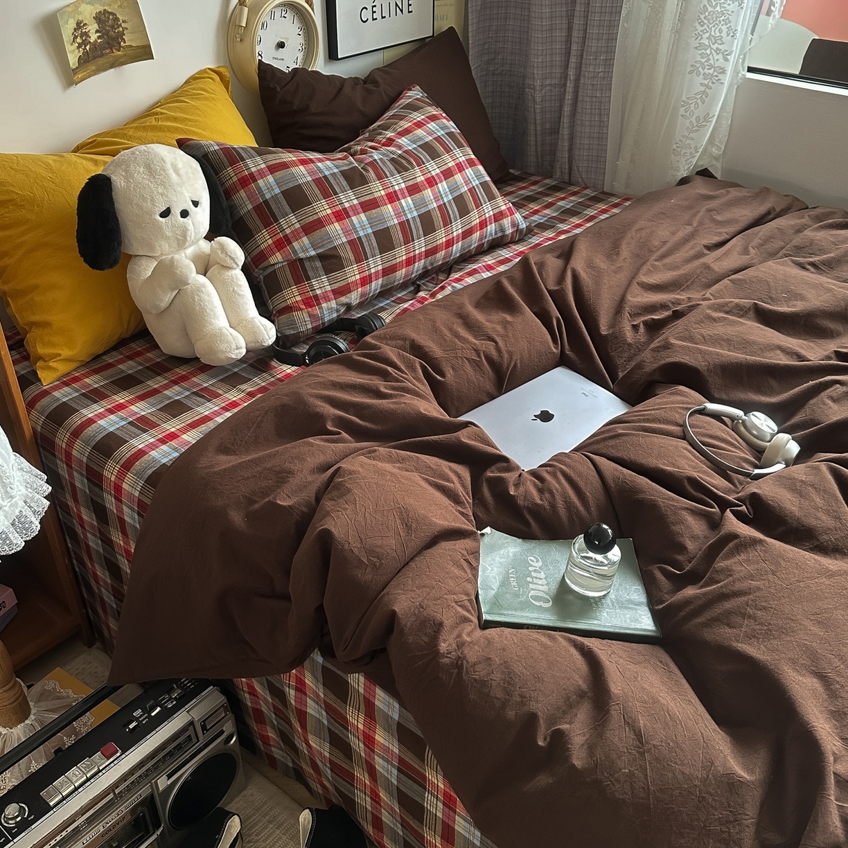 91家纺网 家纺一手货源 找家纺 对白 2025新款全棉色织水洗棉四件套-埃德的下午茶 枕套格子+姜黄