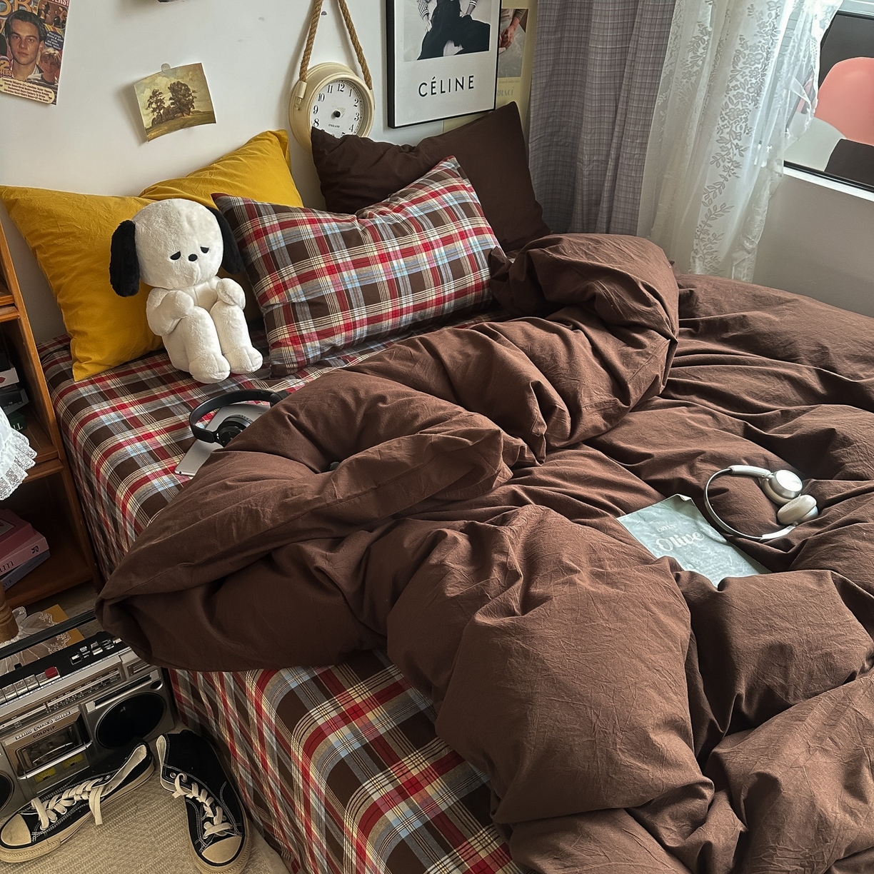 91家纺网 家纺一手货源 找家纺 对白 2025新款全棉色织水洗棉四件套-埃德的下午茶 枕套格子+姜黄