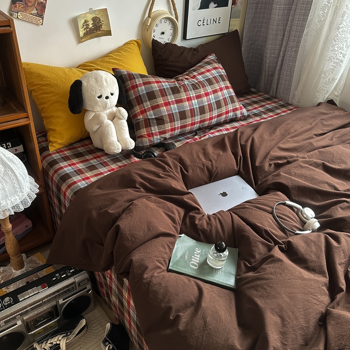 91家纺网 家纺一手货源 找家纺 对白 2025新款全棉色织水洗棉四件套-埃德的下午茶 枕套格子+姜黄