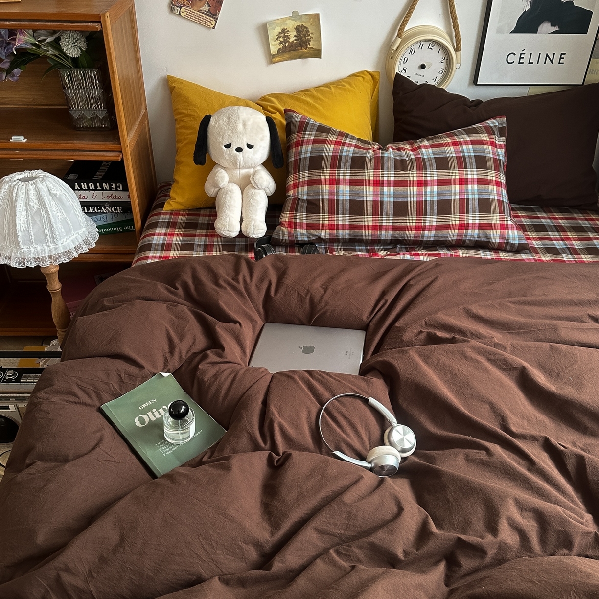 91家纺网 家纺一手货源 找家纺 对白 2025新款全棉色织水洗棉四件套-埃德的下午茶 枕套格子+姜黄