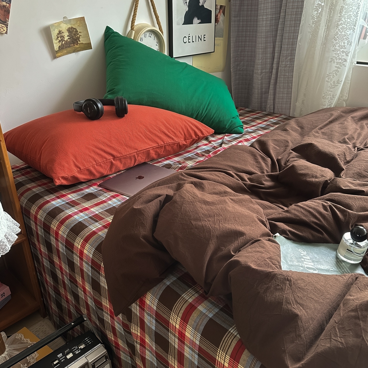 91家纺网 家纺一手货源 找家纺 对白 2025新款全棉色织水洗棉四件套-埃德的下午茶 枕套枫叶红+海王绿