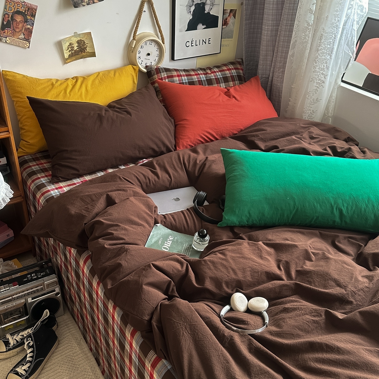 91家纺网 家纺一手货源 找家纺 对白 2025新款全棉色织水洗棉四件套-埃德的下午茶 枕套枫叶红+海王绿