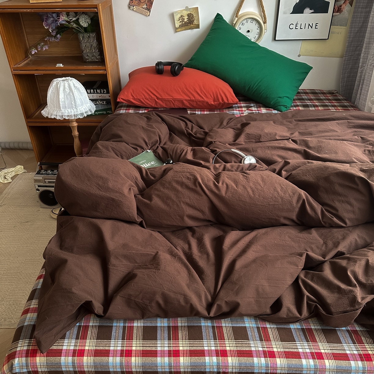 91家纺网 家纺一手货源 找家纺 对白 2025新款全棉色织水洗棉四件套-埃德的下午茶 枕套枫叶红+海王绿