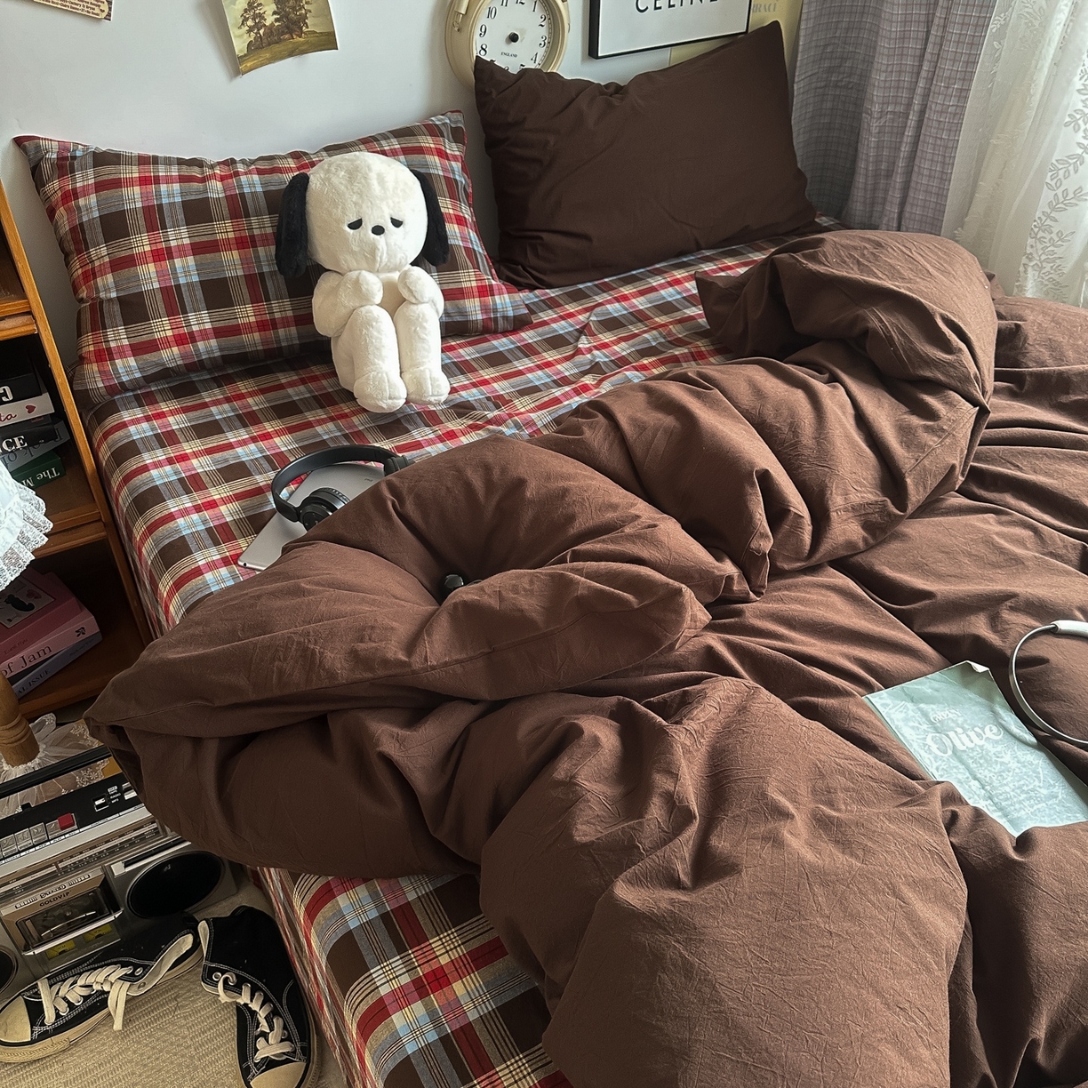 91家纺网 家纺一手货源 找家纺 对白 2025新款全棉色织水洗棉四件套-埃德的下午茶 枕套格子+咖