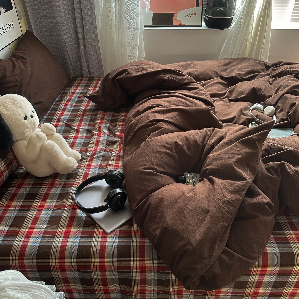 91家纺网 家纺一手货源 找家纺 对白 2025新款全棉色织水洗棉四件套-埃德的下午茶 枕套格子+咖