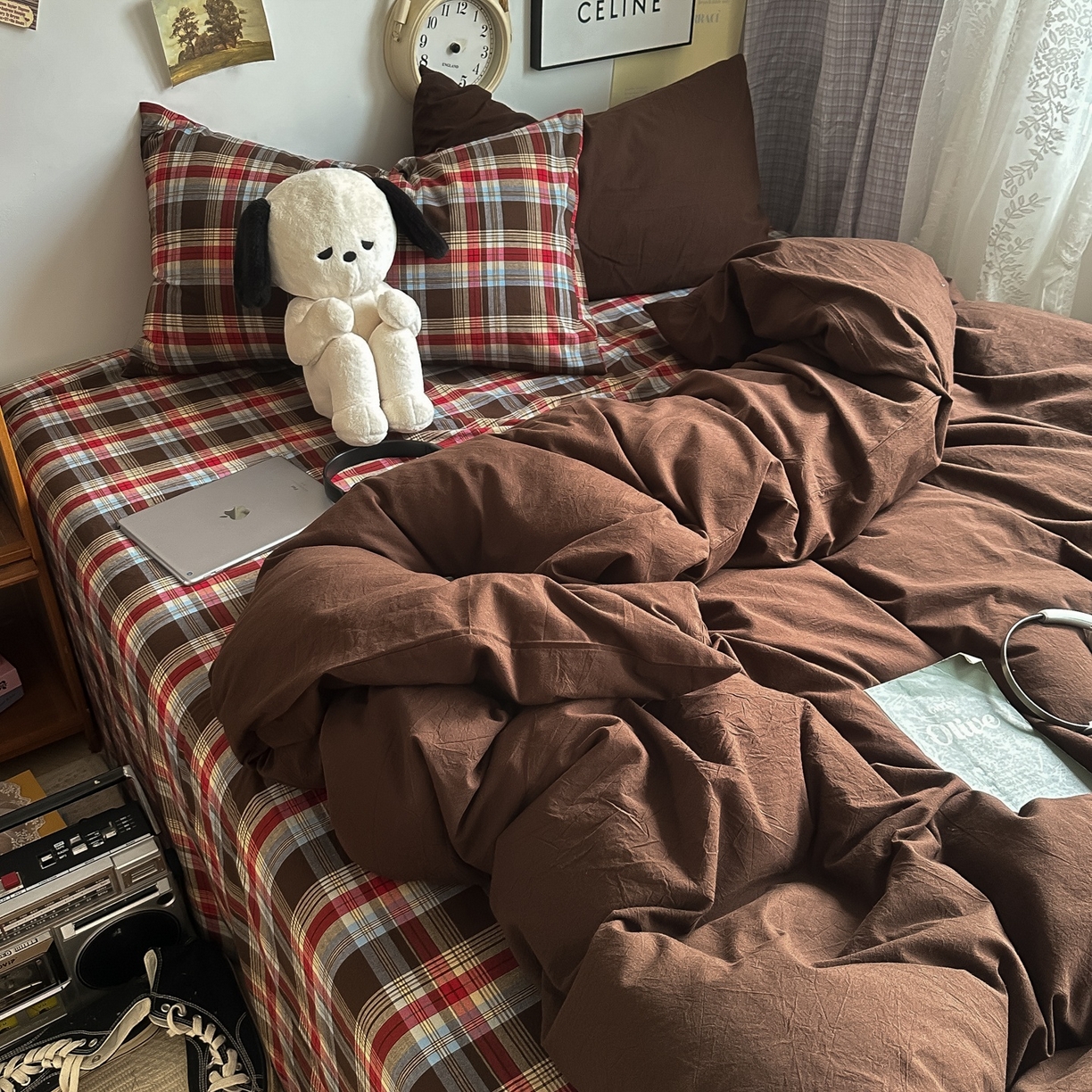 91家纺网 家纺一手货源 找家纺 对白 2025新款全棉色织水洗棉四件套-埃德的下午茶 枕套格子+咖