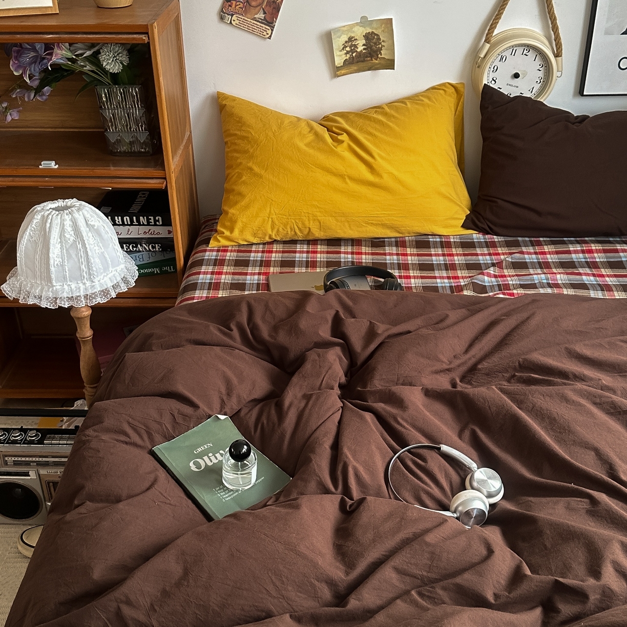 91家纺网 家纺一手货源 找家纺 对白 2025新款全棉色织水洗棉四件套-埃德的下午茶 枕套姜黄+咖