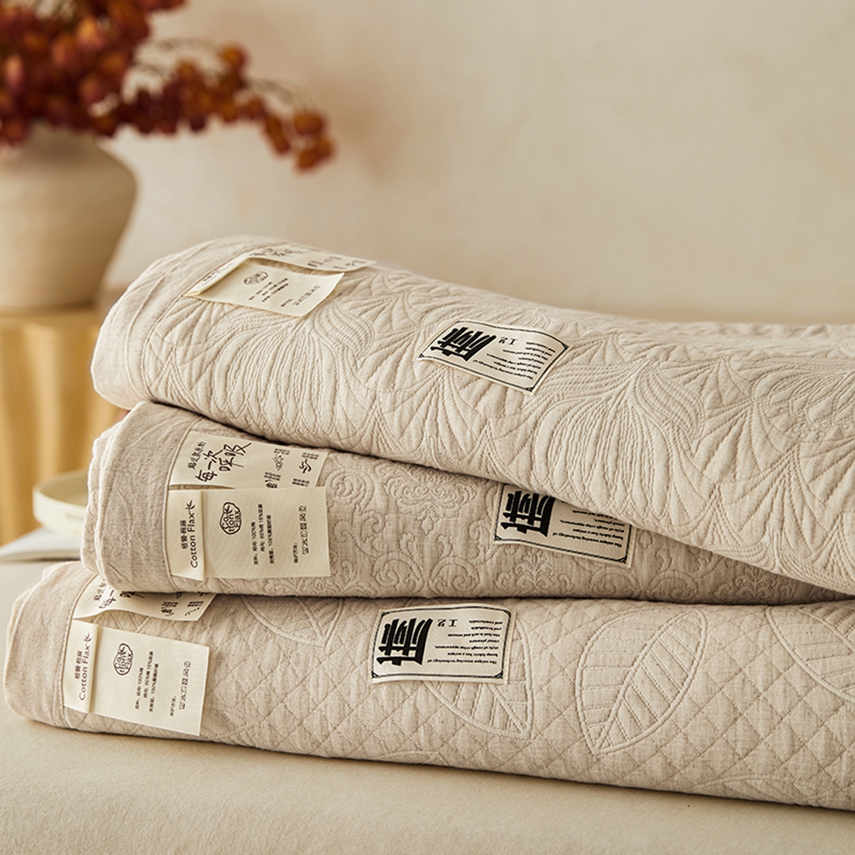 91家纺网 家纺一手货源 找家纺 （总）桂雅居 2025新款棉麻三层纱加厚床盖三件套 （会员减10，最低控价券后298）