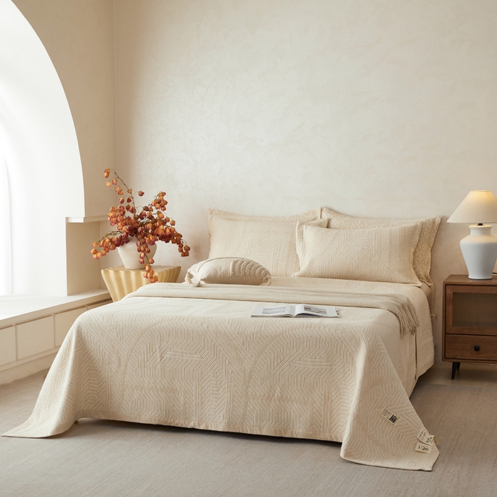 91家纺网 家纺一手货源 找家纺 桂雅居 2025新款棉麻三层纱加厚床盖三件套 （会员减10，最低控价券后298） 哥伦布