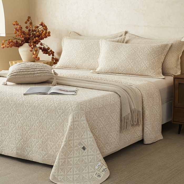 91家纺网 家纺一手货源 找家纺 桂雅居 2025新款棉麻三层纱加厚床盖三件套 （会员减10，最低控价券后298） 米字格
