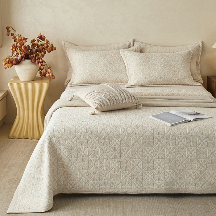 91家纺网 家纺一手货源 找家纺 桂雅居 2025新款棉麻三层纱加厚床盖三件套 （会员减10，最低控价券后298） 米字格