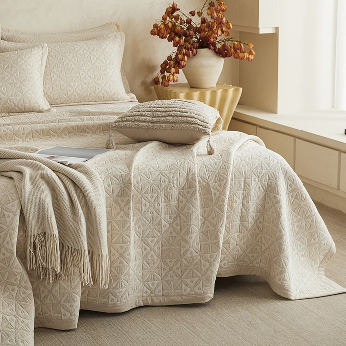 91家纺网 家纺一手货源 找家纺 桂雅居 2025新款棉麻三层纱加厚床盖三件套 （会员减10，最低控价券后298） 米字格