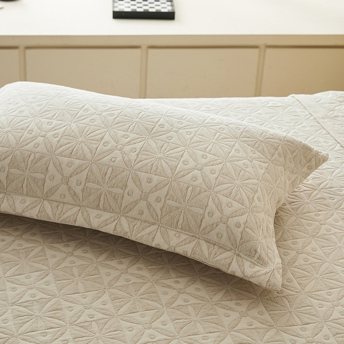 91家纺网 家纺一手货源 找家纺 桂雅居 2025新款棉麻三层纱加厚床盖三件套 （会员减10，最低控价券后298） 米字格