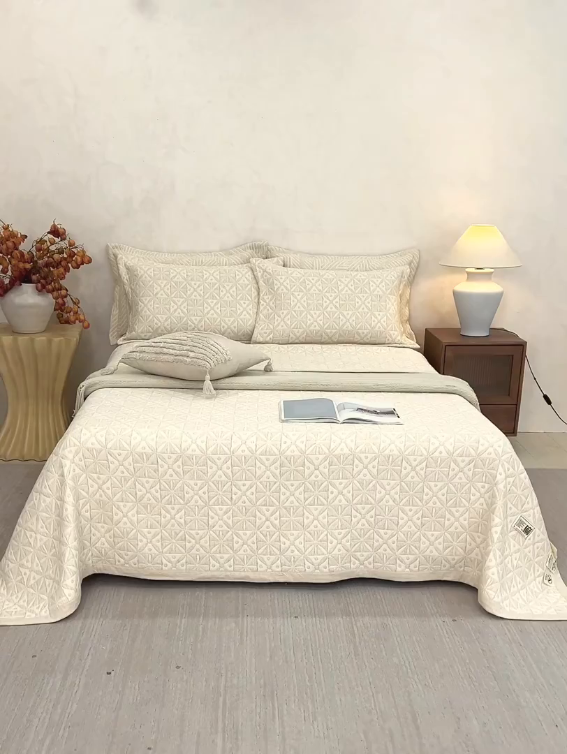 91家纺网 家纺一手货源 找家纺 桂雅居 2025新款棉麻三层纱加厚床盖三件套 （会员减10，最低控价券后298） 米字格