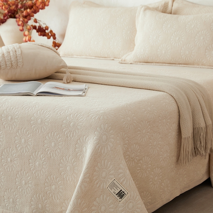 91家纺网 家纺一手货源 找家纺 桂雅居 2025新款棉麻三层纱加厚床盖三件套 （会员减10，最低控价券后298） 太阳花