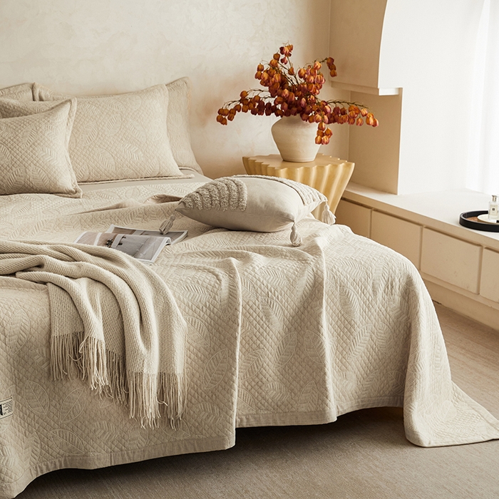 91家纺网 家纺一手货源 找家纺 桂雅居 2025新款棉麻三层纱加厚床盖三件套 （会员减10，最低控价券后298） 叶之峰