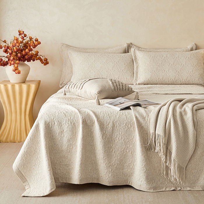 91家纺网 家纺一手货源 找家纺 桂雅居 2025新款棉麻三层纱加厚床盖三件套 （会员减10，最低控价券后298） 云上