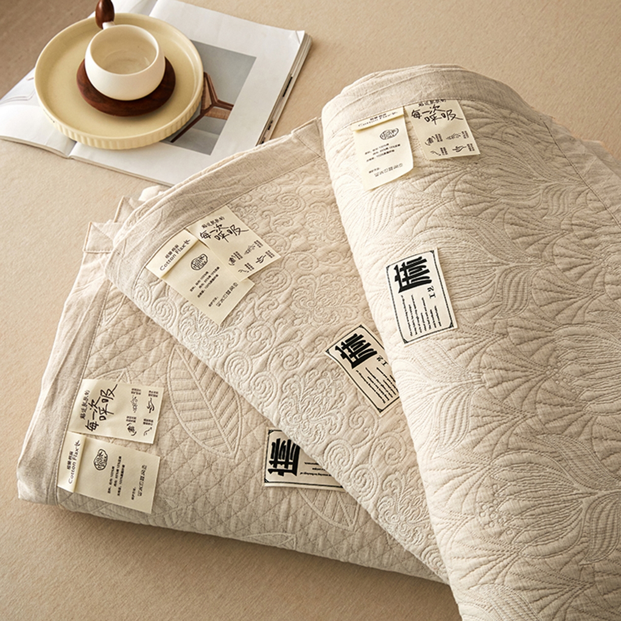 91家纺网 家纺一手货源 找家纺 桂雅居 2025新款棉麻三层纱加厚床盖三件套 （会员减10，最低控价券后298） 组合一