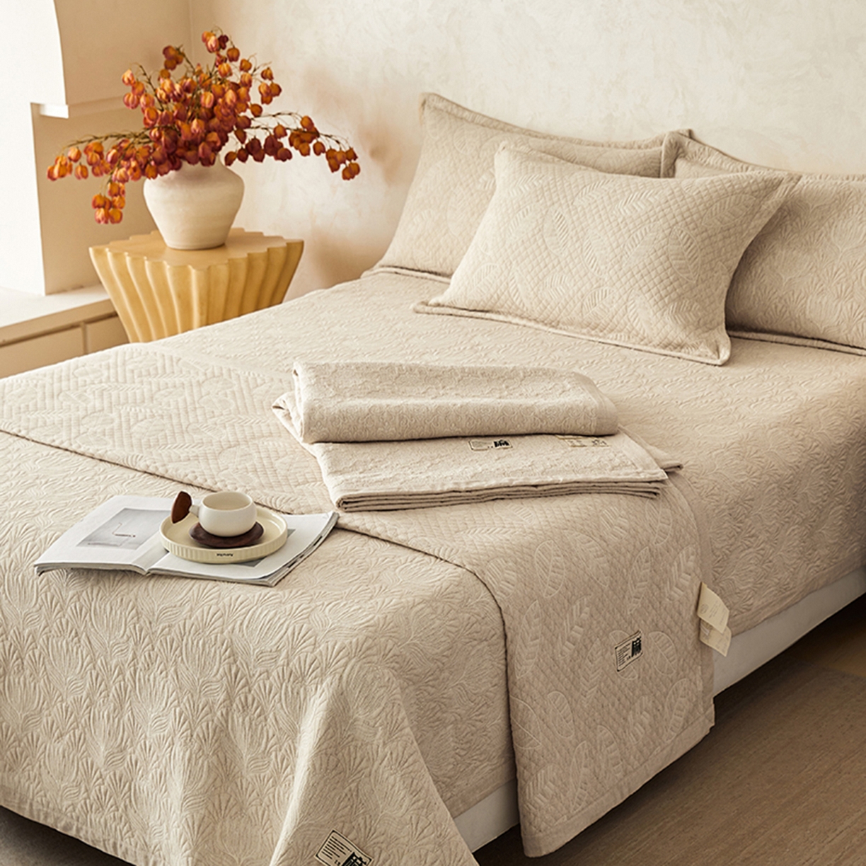 91家纺网 家纺一手货源 找家纺 桂雅居 2025新款棉麻三层纱加厚床盖三件套 （会员减10，最低控价券后298） 组合一