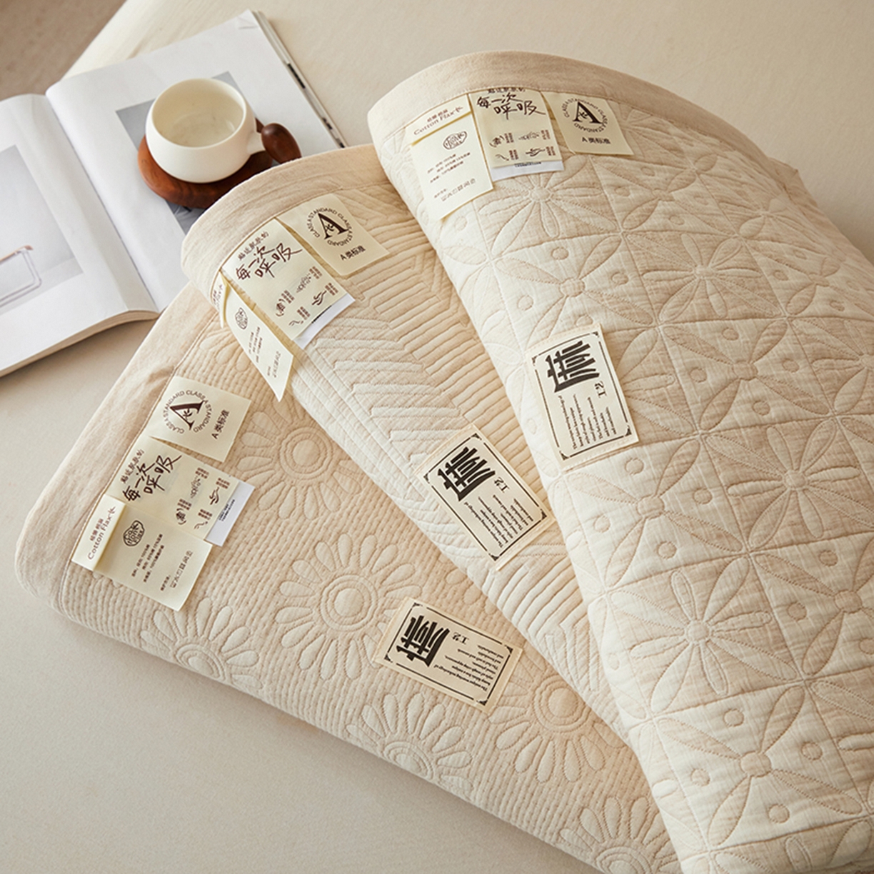 91家纺网 家纺一手货源 找家纺 桂雅居 2025新款棉麻三层纱加厚床盖三件套 （会员减10，最低控价券后298） 组合二