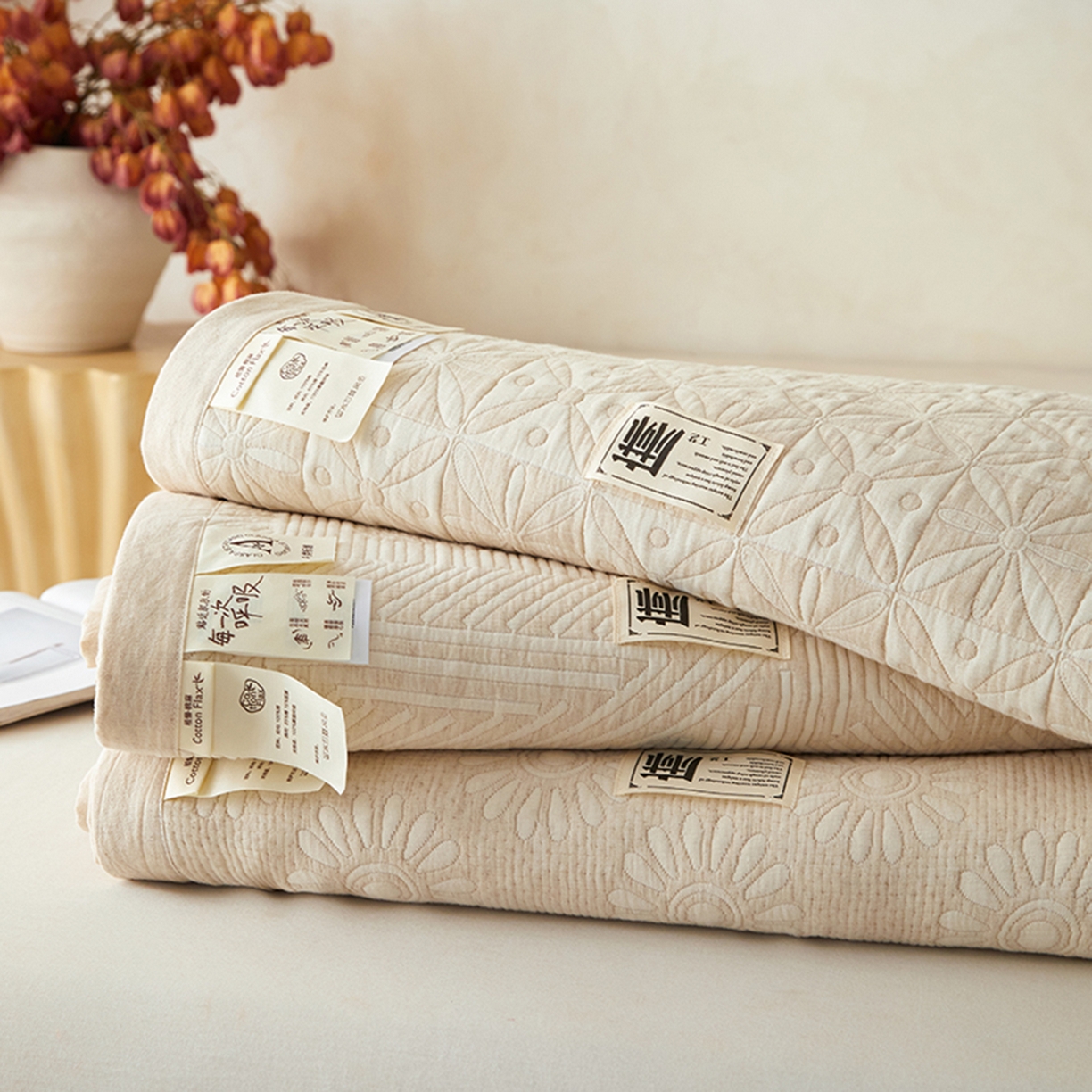 91家纺网 家纺一手货源 找家纺 桂雅居 2025新款棉麻三层纱加厚床盖三件套 （会员减10，最低控价券后298） 组合二