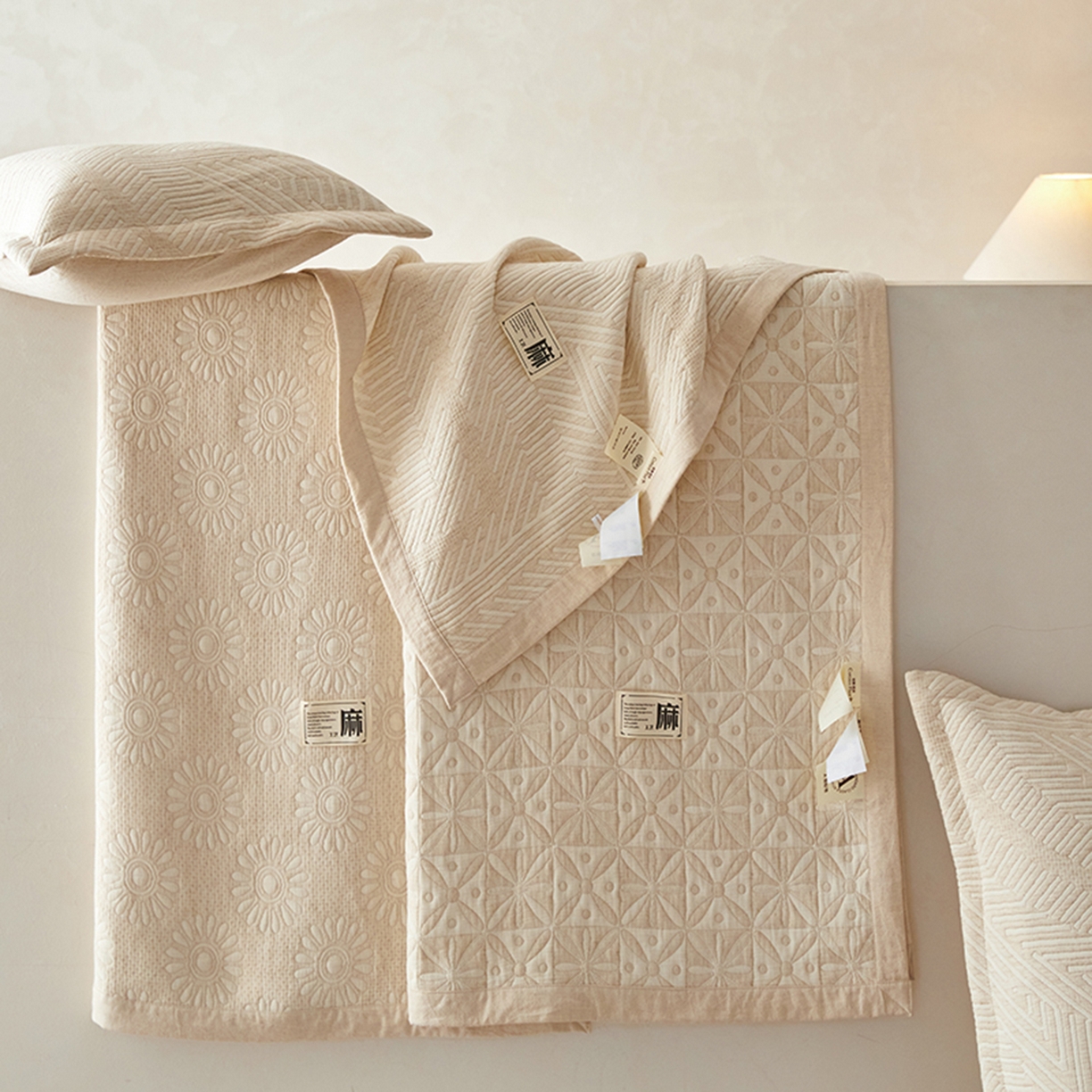 91家纺网 家纺一手货源 找家纺 桂雅居 2025新款棉麻三层纱加厚床盖三件套 （会员减10，最低控价券后298） 组合二