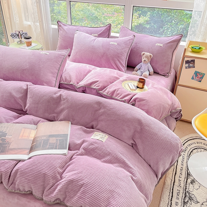 91家纺网 家纺一手货源 找家纺 宜代光年 2025新款立体华夫格贝壳针系列四件套 华夫格-浅紫