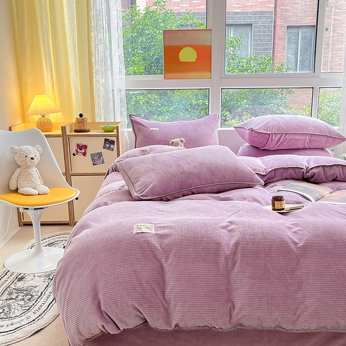 91家纺网 家纺一手货源 找家纺 宜代光年 2025新款立体华夫格贝壳针系列四件套 华夫格-浅紫