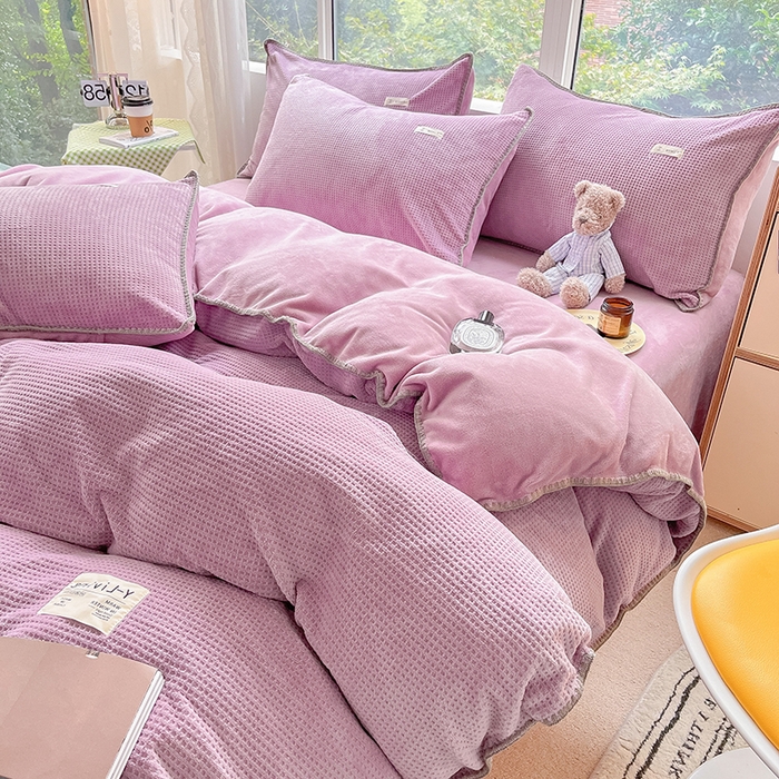 91家纺网 家纺一手货源 找家纺 宜代光年 2025新款立体华夫格贝壳针系列四件套 华夫格-浅紫