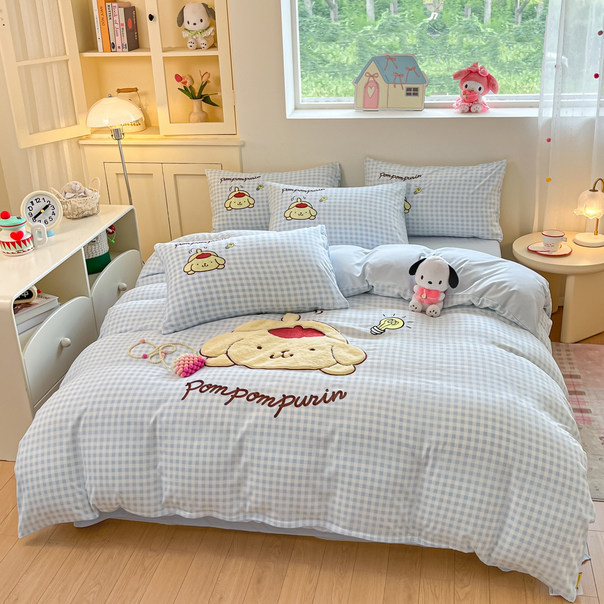 91家纺网 家纺一手货源 找家纺 金爱家 2025新款A类三丽鸥正版授权云柔水洗棉兔毛贴布绣刺绣软糯系列四件套 云柔水洗棉-贴布绣蓝格布丁狗