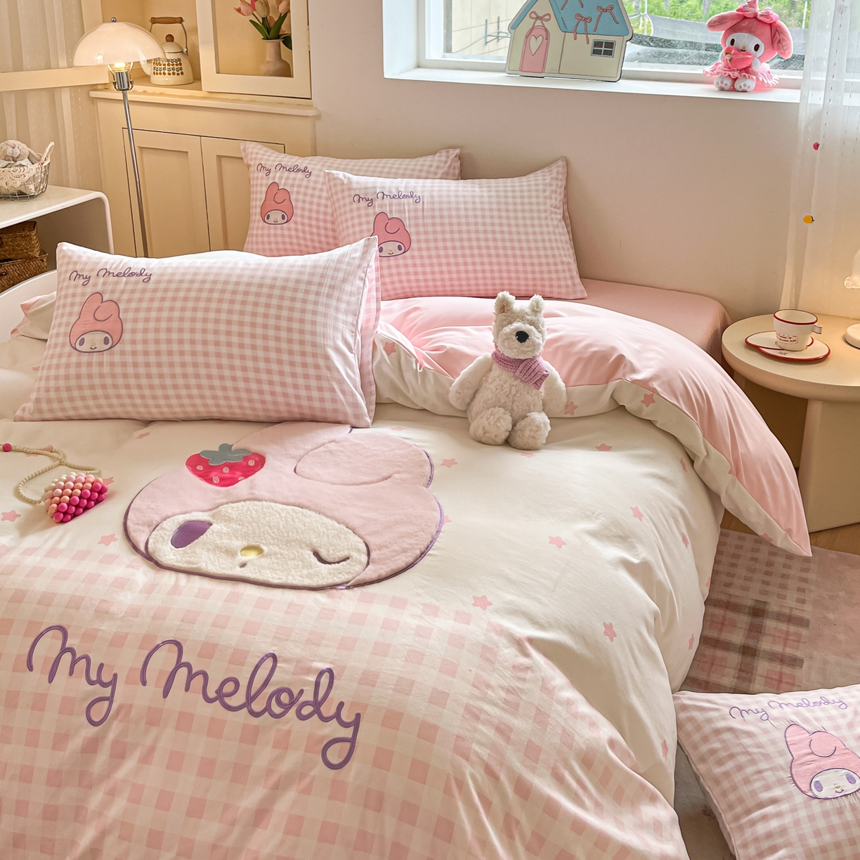 91家纺网 家纺一手货源 找家纺 金爱家 2025新款A类三丽鸥正版授权云柔水洗棉兔毛贴布绣刺绣软糯系列四件套 云柔水洗棉-贴布绣美乐蒂