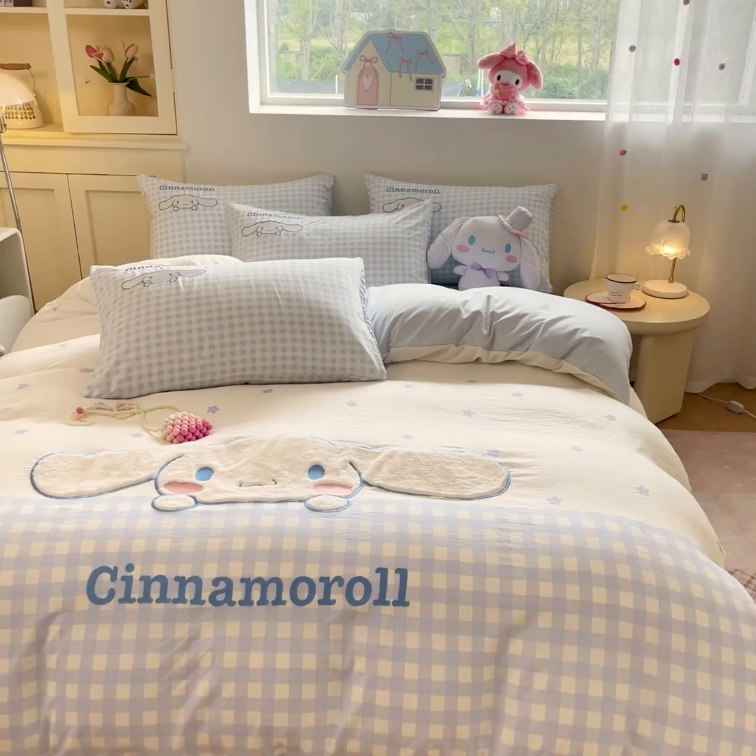 91家纺网 家纺一手货源 找家纺 金爱家 2025新款A类三丽鸥正版授权云柔水洗棉兔毛贴布绣刺绣软糯系列四件套 云柔水洗棉-贴布绣你好大耳狗