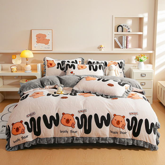 91家纺网 家纺一手货源 找家纺 （总）绒宴家纺 2025新款印花小清新牛奶绒花边款四件套