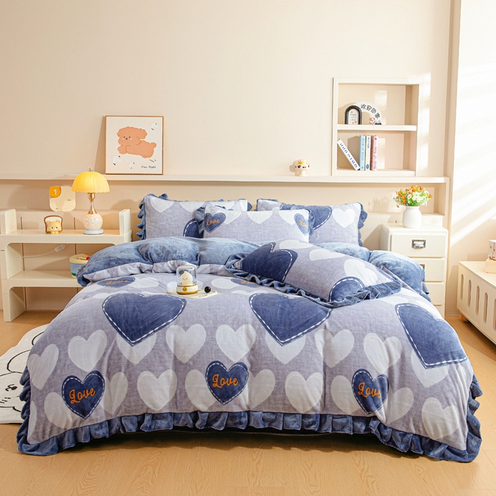 绒宴家纺 2025新款印花小清新牛奶绒花边款四件套 爱心派对【花边款】