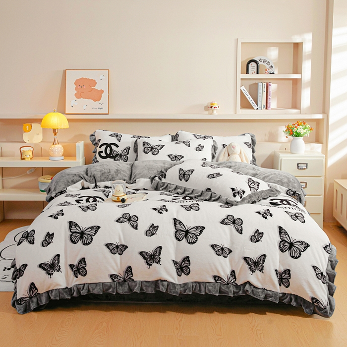 绒宴家纺 2025新款印花小清新牛奶绒花边款四件套 初遇【花边款】