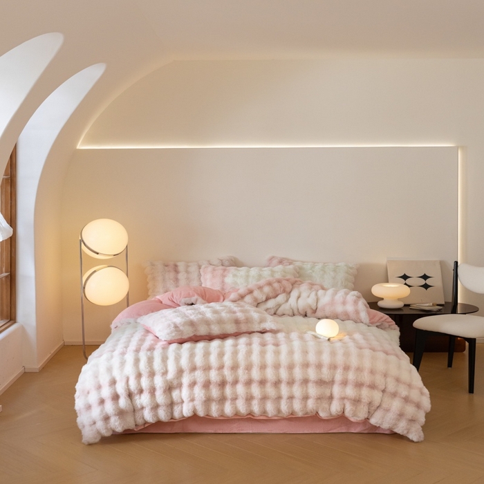 玖琳家纺 2025新款托斯卡纳特价兔兔绒兔毛绒四件套 七彩 粉