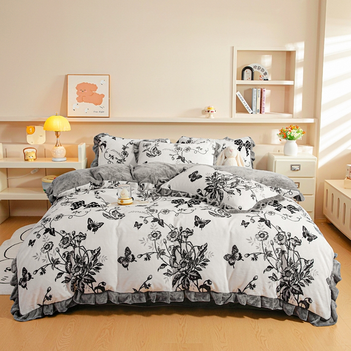 91家纺网 家纺一手货源 找家纺 （总）绒宴家纺 2025新款印花小清新牛奶绒花边款四件套