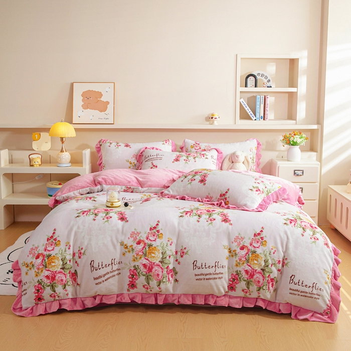 91家纺网 家纺一手货源 找家纺 （总）绒宴家纺 2025新款印花小清新牛奶绒花边款四件套