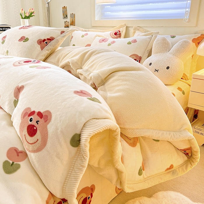 宜代光年 2025新款雕花印花暖羊绒系列四件套 暖羊绒-花朵熊