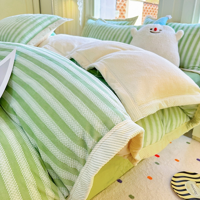 宜代光年 2025新款雕花印花暖羊绒系列四件套 暖羊绒-绿色条纹