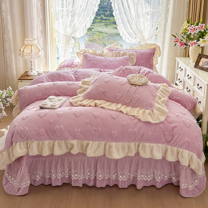 宜凡家纺 2025新款兔绒提花牛奶绒夹棉床盖四件套 爱心 粉紫