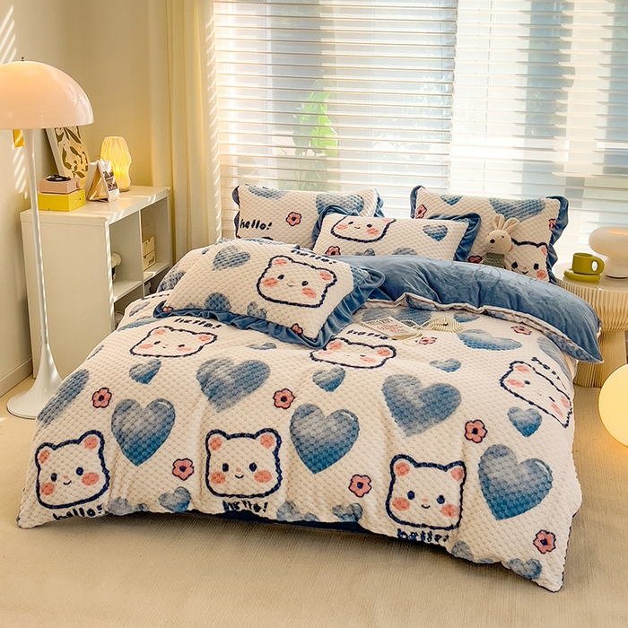 91家纺网 家纺一手货源 找家纺 宜代光年 2025新款大豆绒提花系列四件套（提供买家秀）-印花款 大豆绒-蓝色小熊