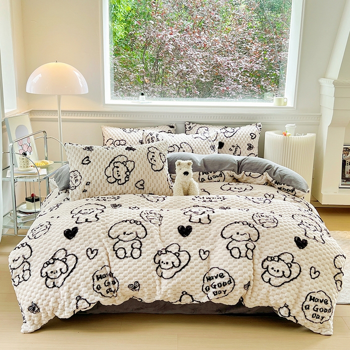 91家纺网 家纺一手货源 找家纺 宜代光年 2025新款大豆绒提花系列四件套（提供买家秀）-印花款 大豆绒-涂鸦小狗